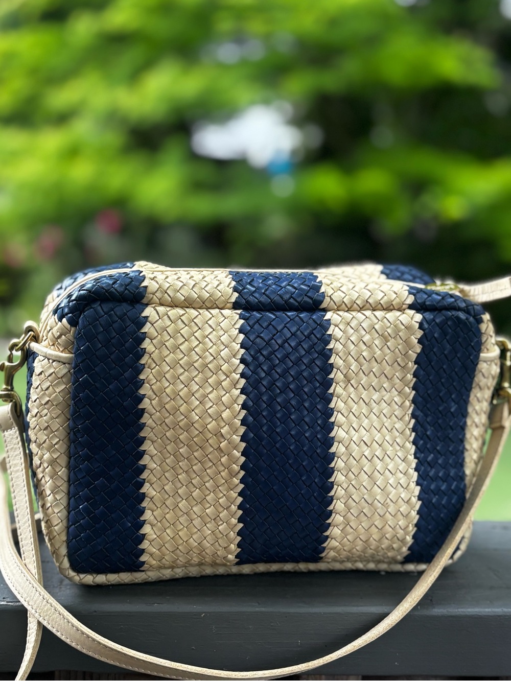 Clare V. Marisol Striped Woven Crossbody Bag - Navy and Cream